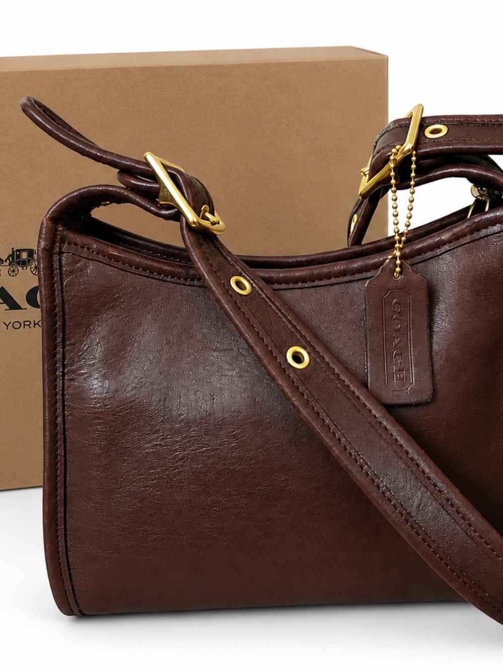 Vintage Coach Small Legacy Zip Leather Mahogany Shoulder Bag with Brass Hardware